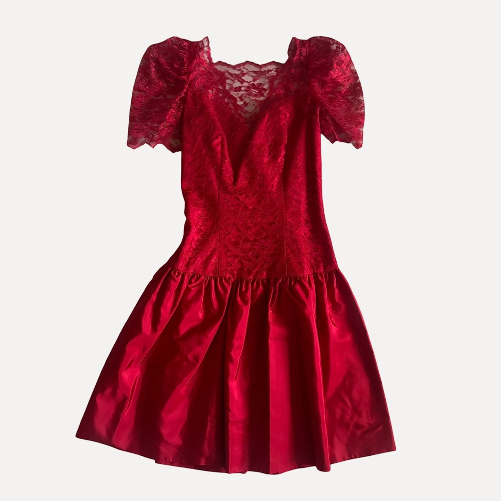 Vintage 80s Red Lace Satin Puff Sleeve Prom Dress Bridal Originals Union Made 4